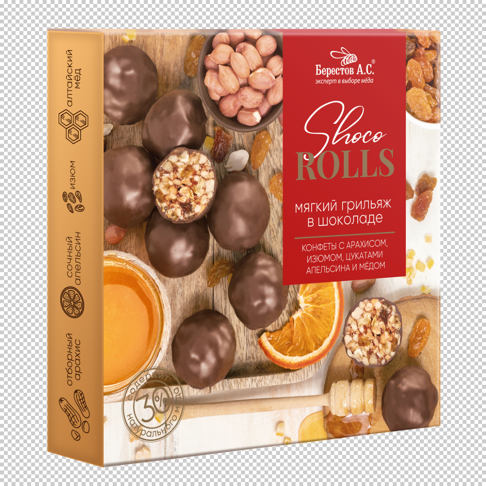  Берестов Shoco Rolls конфеты с арахисом, изюмом, цукатами апельсина и медом,  135г в Губкине